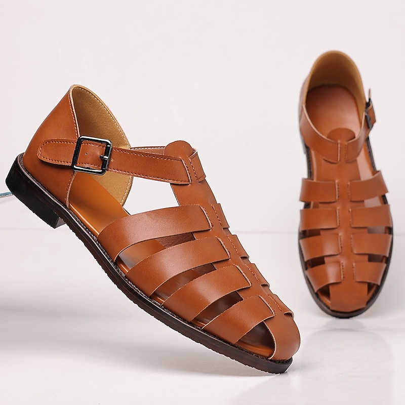 Men's Brown Faux Leather Closed-Toe Fisherman Sandals with Buckle Strap – Casual Breathable Summer Shoes for Outdoor and Daily Wear4