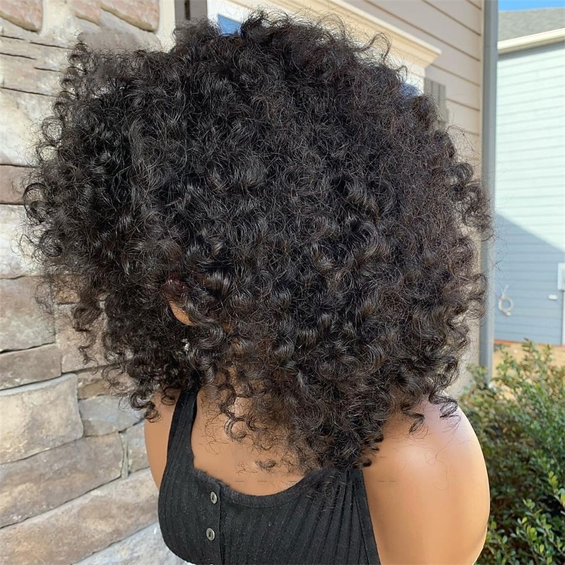 Remy Human Hair Wig Curly With Bangs Natural Black Capless Brazilian Hair Women's Natural Black #1B 8 inch 10 inch 12 inch Vacation Party / Evening Daily Wear2