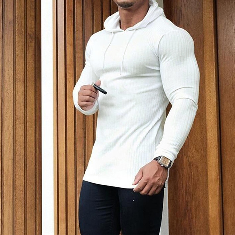 Men's Hoodie Black White Gray Hooded Solid Color Ribbed Textured Knit-texture Sports & Outdoor Polyester Active Winter Clothing Apparel Hoodies Sweatshirts  Long Sleeve Slim4