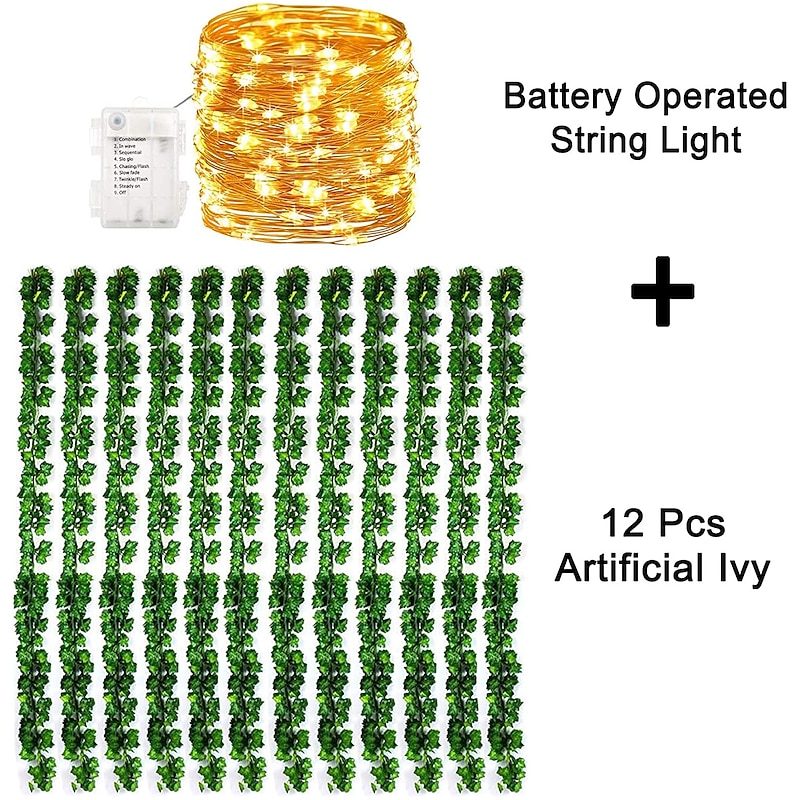 12Pack Artificial Ivy Garland Fake Plants 25.6m 84Ft Vine Hanging Garland with 120LED String Light Hanging for Home Kitchen Garden Office Wedding Wall Decor2