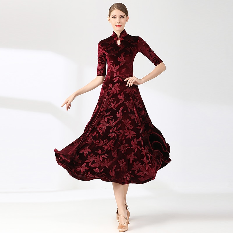 Ballroom Dance Dress Printing Women's Performance Training Half Sleeve High Velvet