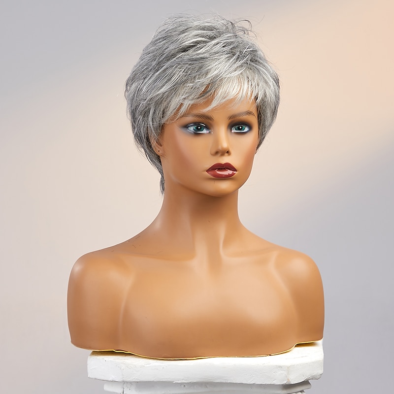 Human Hair Wig Short Straight With Bangs Dark Gray Soft Party Women Capless Brazilian Hair Women's Grey 8 inch Party / Evening Daily Daily Wear4