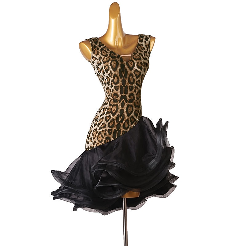 Dance Salsa Latin Dance Dress Leopard Print Ruffles Women's Training Sleeveless High Spandex2