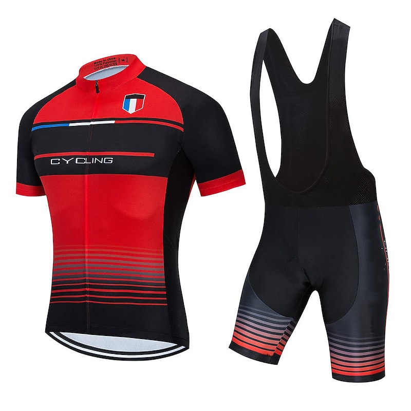 Men's Cycling Jersey with Bib Shorts Short Sleeve Mountain Bike MTB Road Bike Cycling Red Green Stripes Bike Clothing Suit 3D Pad Breathable Quick Dry Back Pocket Polyester Spandex Sports Stripes2