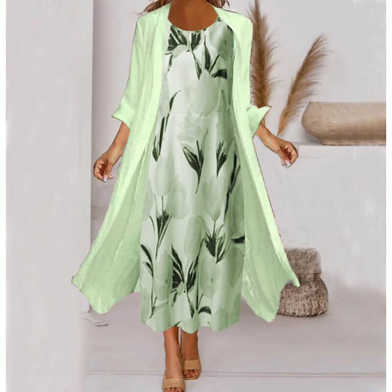 Women's Midi Dress Two Piece Dress Set Church Dress Pink Green Gray 3/4 Length Sleeve Floral Ruched Summer Spring Crew Neck Elegant 2023 S M L XL XXL 3XL2