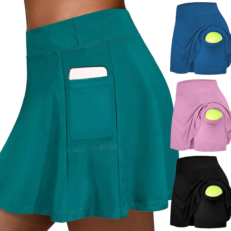 Women's Running Skirt Tennis Skirts Side Pockets 2 in 1 Shorts Athletic Athleisure Spandex Breathable Moisture Wicking Soft Fitness Gym Workout Running Sportswear Activewear Solid Colored Black Blue2