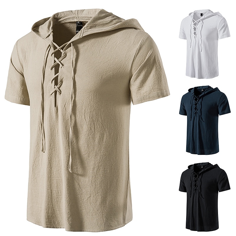Men's Cotton Linen Shirt Summer Shirt Beach Shirt Plain Outdoor Vacation Black White Navy Blue Khaki Short Sleeve Hooded Summer Spring Clothing Apparel Lace up