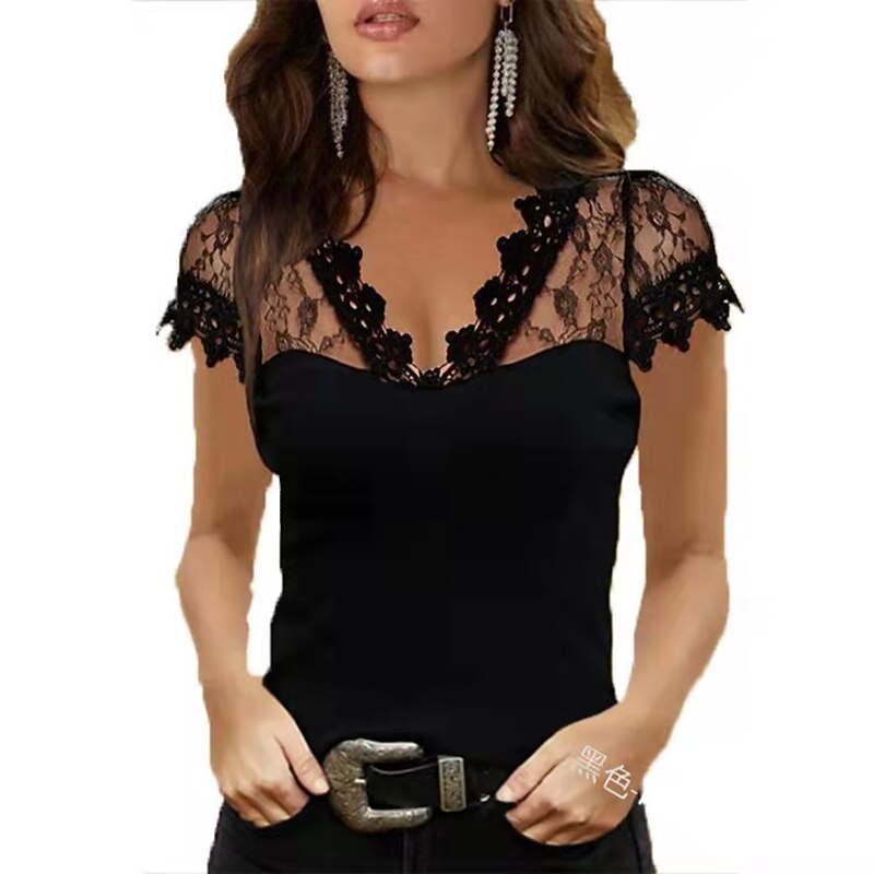 Women's T shirt Tee Black Wine Blue Plain Lace Patchwork Short Sleeve Casual Weekend Basic Off Shoulder Regular S
