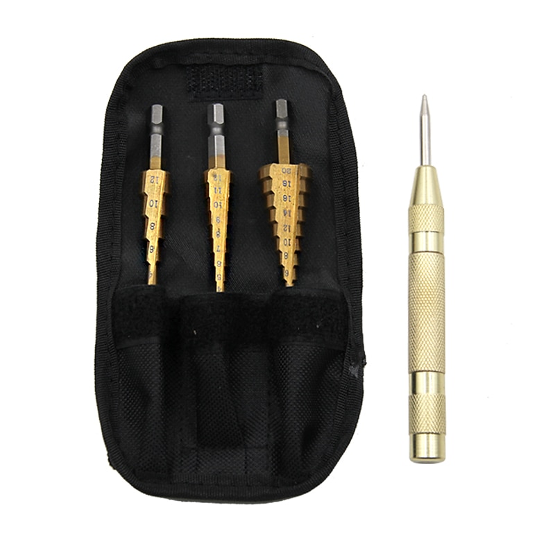 3pcs HSS Step Drill Straight Grooved Core Cone With Center Punch Bits1/4 Hex Shank 3mm to 12mm 4mm To 12mm 20mm Chamfer Hole Cut Cutter