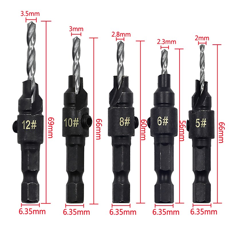 5pcs HSS Drill Bits 1/4 Hex Shank Countersunk Tapper Tool Woodworking Wood Pilot Hole Size #6 #8 #10 #12 #14 With 1 Wrench2