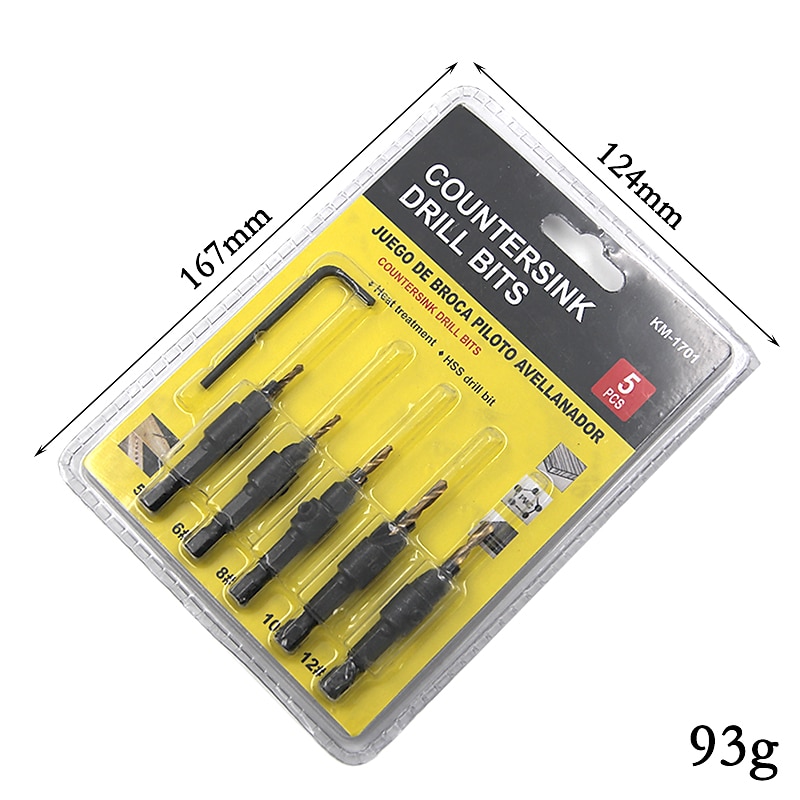 5pcs Drill Bits HSS 1/4 Hex Shank Countersunk Bubble Shell Assembly Titanium Tapper Tool Woodworking Pilot Hole Size #5 #6 #8 #10 #12 With One Wrench4