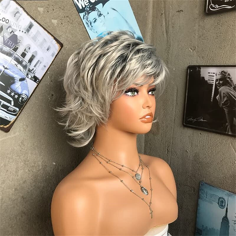 Pixie Cut Wigs Short Grey Wig Silver Omber Gray Wavy Pixie Cut Wigs for White Women with Bangs Synthetic Natural Hair2