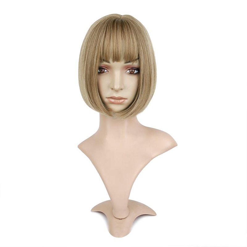 Short Blonde Bob Wig with Air Bangs Length Heat Resistant Synthetic for Women Golden Blonde Mixed Strawberry Blonde2