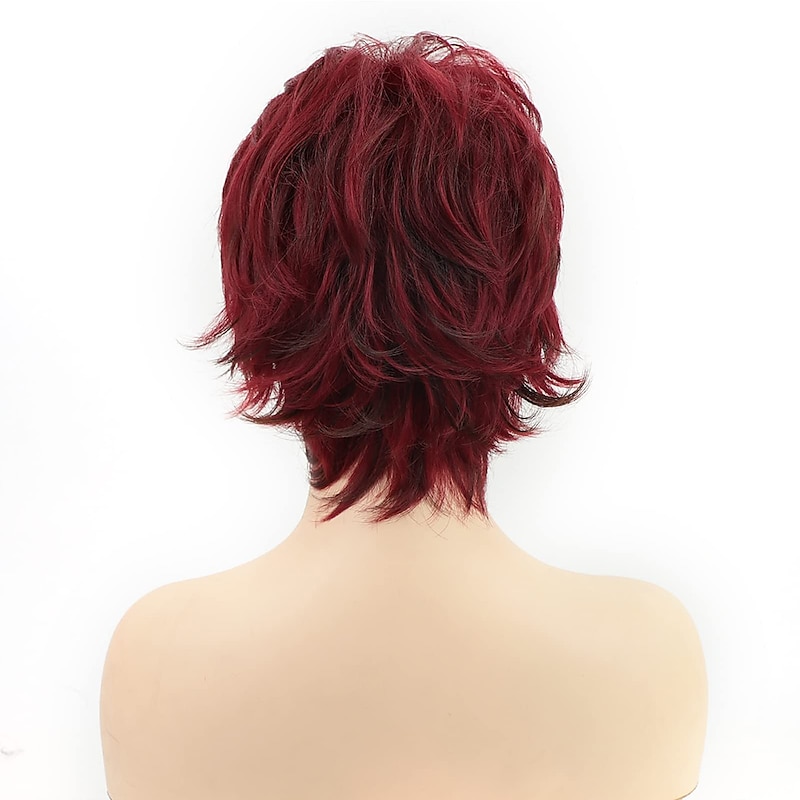 Synthetic Wig Wavy Pixie Cut Wig Short Wine Red Synthetic Hair Women's Party Fashion Burgundy Wigs4