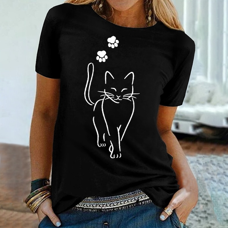 Women's T Shirt Cat Basic Short Sleeve Round Neck Regular Tops Casual Weekend Print Black White Gray 7