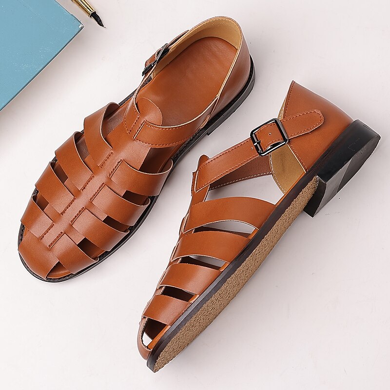 Men's Brown Faux Leather Closed-Toe Fisherman Sandals with Buckle Strap – Casual Breathable Summer Shoes for Outdoor and Daily Wear