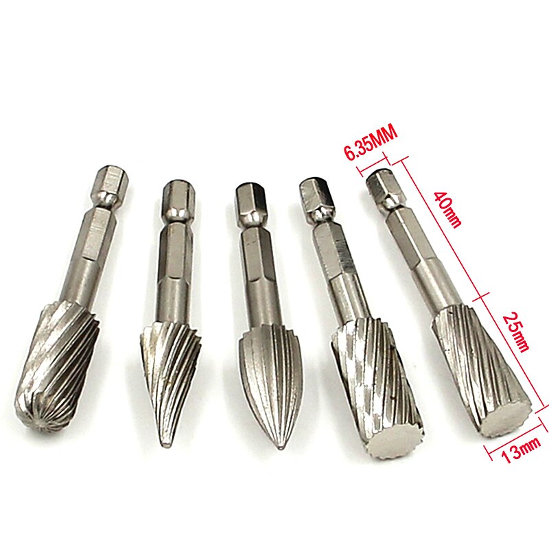 5pcs 1/4'' Hex Shank HSS Steel Rotary Burrs Cutter Engraving Grinding Bit For Rotary File Cutter Tools Woodworking DIY2