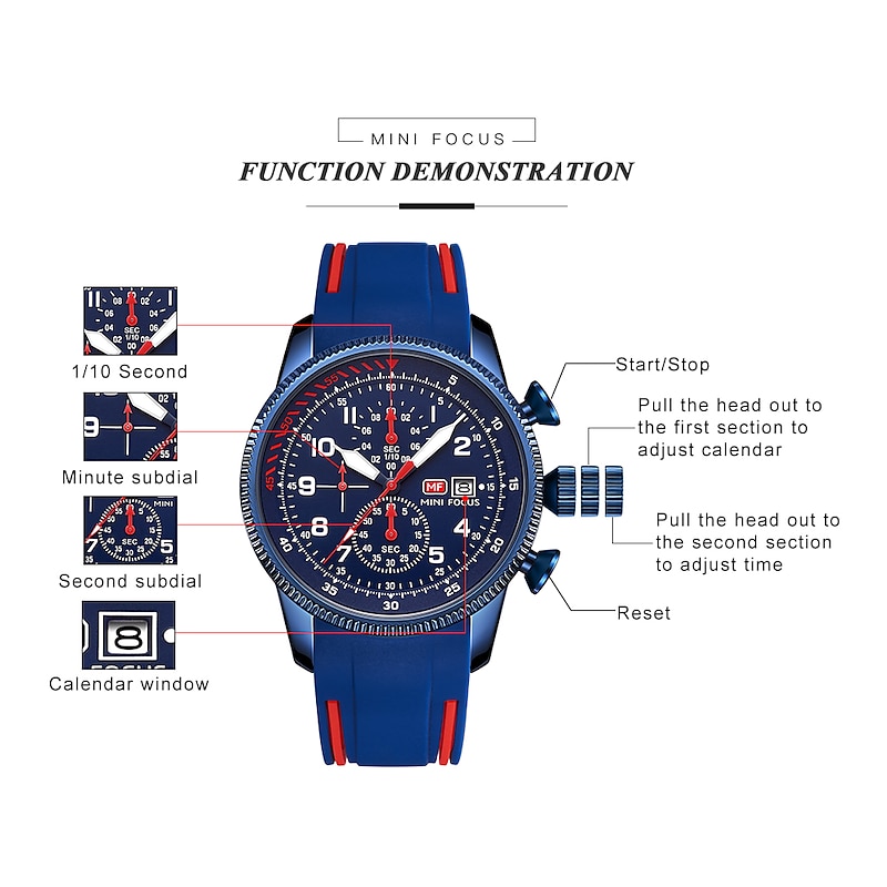 MINI FOCUS Men Quartz Watch Large Dial Outdoor Fashion Business Luminous Three Time Zones Calendar Waterproof Silicone Watch2