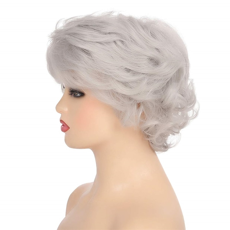 Short Curly Grey Hair Old Lady Wig with Bangs Natural Synthetic Hair Heat Resistant Cosplay Full Wigs3
