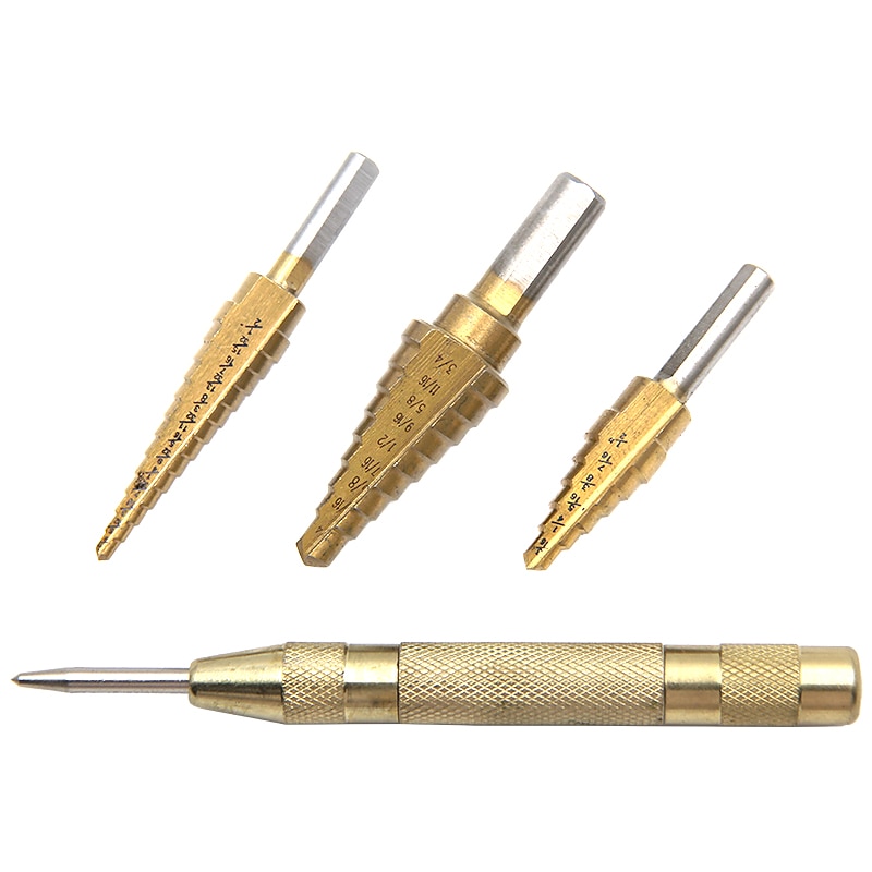 HSS Step Drill Bits 1/4 to 3/4 Power Tools Wholesale Price 3pcs/set With Center Punch Metal Drilling TitaniumTriangular Handle2