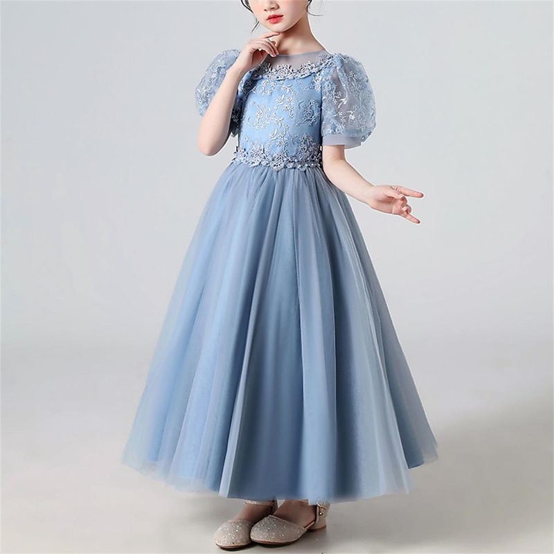 Kids Girls' Dress Plants Short Sleeve Party Birthday Mesh Embroidered Cute Princess Polyester Maxi Tulle Dress Summer Spring 4-13 Years White Pink Blue2