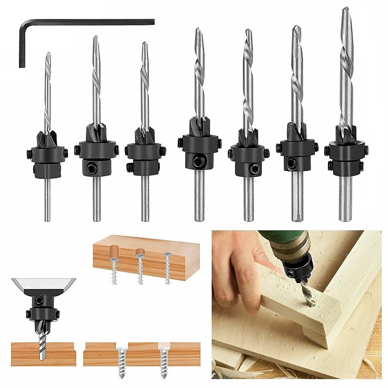 Countersink Drill Bits With Adjustable Depth Stop Collar Wood Woodworking 7pc Drilling Hole Saw 4 Flute3