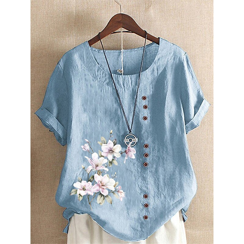 Women's 100% Cotton Shirt Floral Streetwear Short Sleeve Crewneck Regular Tops Linen Vacation Daily Going out Buttons Print Navy Blue Blue Army Green Light Blue Coffee Summer Spring3