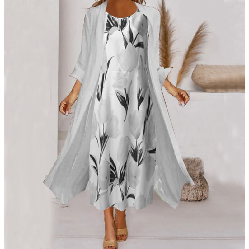 Women's Midi Dress Two Piece Dress Set Church Dress Pink Green Gray 3/4 Length Sleeve Floral Ruched Summer Spring Crew Neck Elegant 2023 S M L XL XXL 3XL3