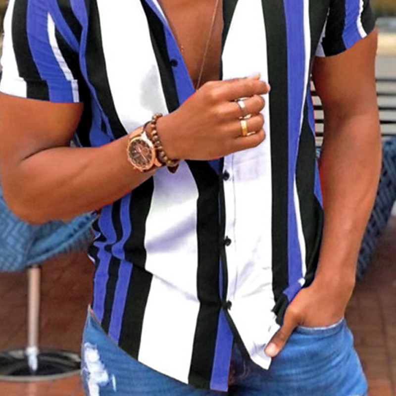 Men's Striped Geometric Pattern Shirt Bowling Shirt Button Up Shirt Short Sleeve Fashion Designer Casual Outdoor Casual Daily Spring & Summer Turndown Button-Down Pink Blue Purple Blue-White2