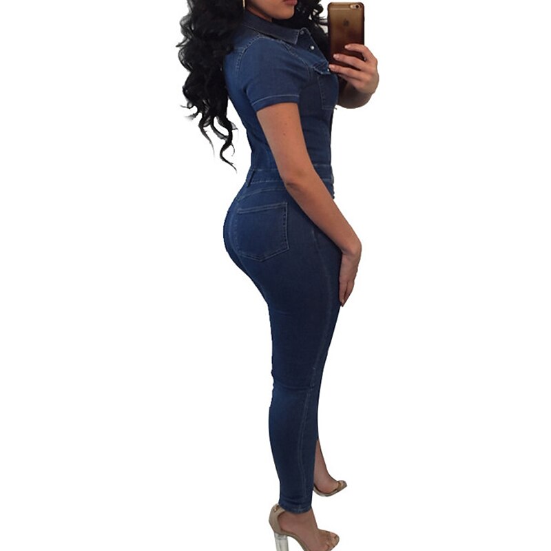 Women's Normal Jumpsuit Streetwear Solid Color Short Sleeve Shirt Collar Buttons Vacation Street Regular Fit Blue Summer4