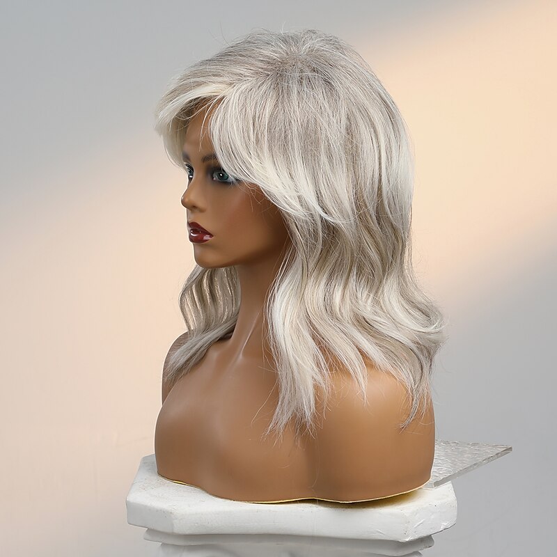 Human Hair Blend Wig Medium Length Natural Wave Side Part Layered Haircut Asymmetrical With Bangs Blonde Cosplay Curler & straightener Natural Hairline Capless Burmese Hair Women's All Golden Brown3