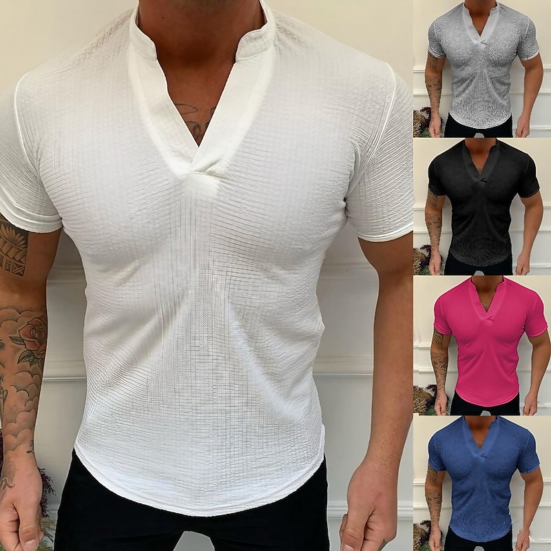 Men's Waffle Tee T Shirt Waffle Knit Tee Short Sleeve V Neck Summer Plain Sports Fashion Lightweight Vacation Casual Holiday Black White Pink Top Tee for Men