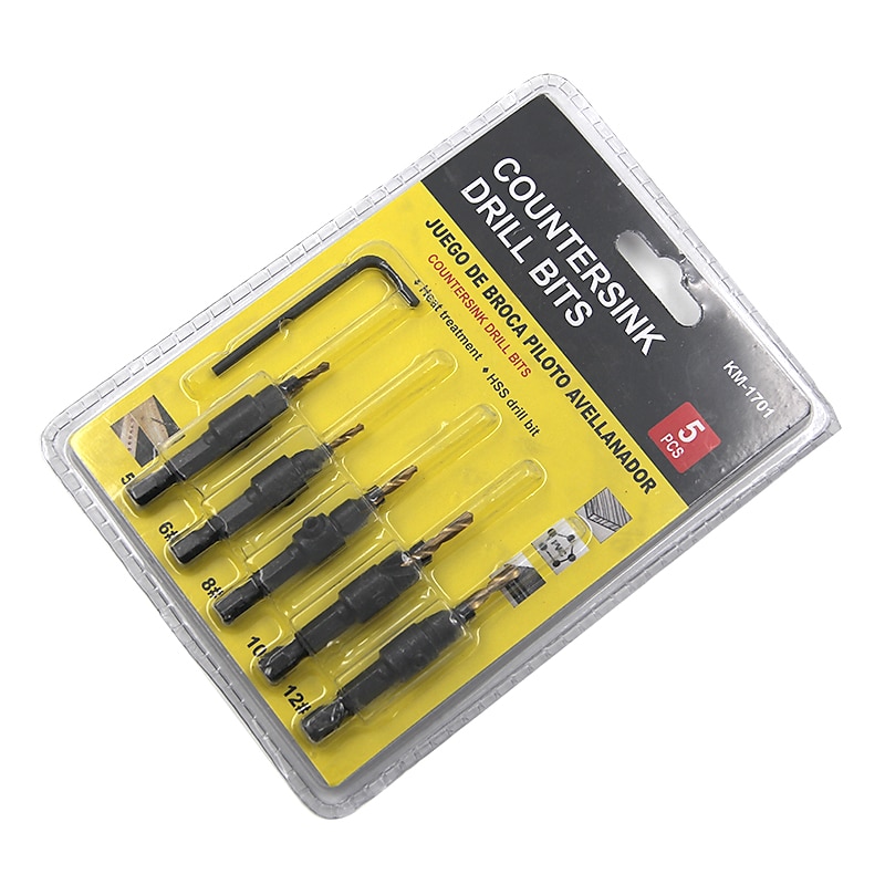 5pcs Drill Bits HSS 1/4 Hex Shank Countersunk Bubble Shell Assembly Titanium Tapper Tool Woodworking Pilot Hole Size #5 #6 #8 #10 #12 With One Wrench