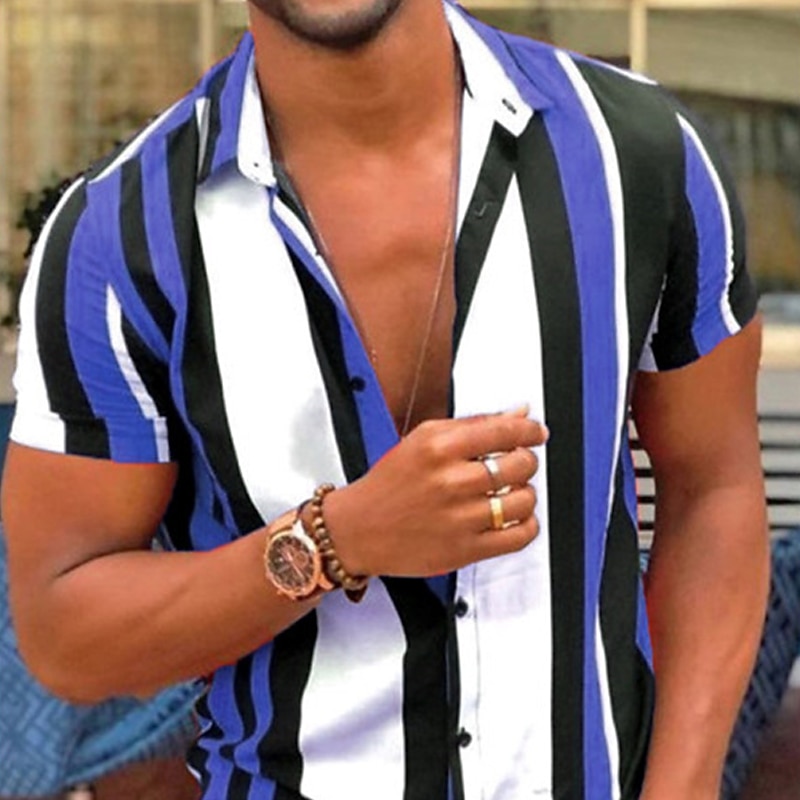 Men's Striped Geometric Pattern Shirt Bowling Shirt Button Up Shirt Short Sleeve Fashion Designer Casual Outdoor Casual Daily Spring & Summer Turndown Button-Down Pink Blue Purple Blue-White