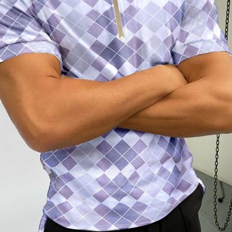 Men's Polo Shirt Golf Shirt Casual Daily Turndown Quarter Zip Short Sleeve Sports Fashion Argyle Zipper Quarter Zip Spring & Summer Regular Fit Sky Blue Light Purple Light Grey Polo Shirt2