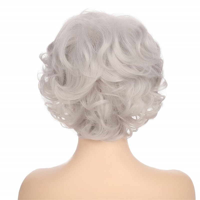 Short Curly Grey Hair Old Lady Wig with Bangs Natural Synthetic Hair Heat Resistant Cosplay Full Wigs4