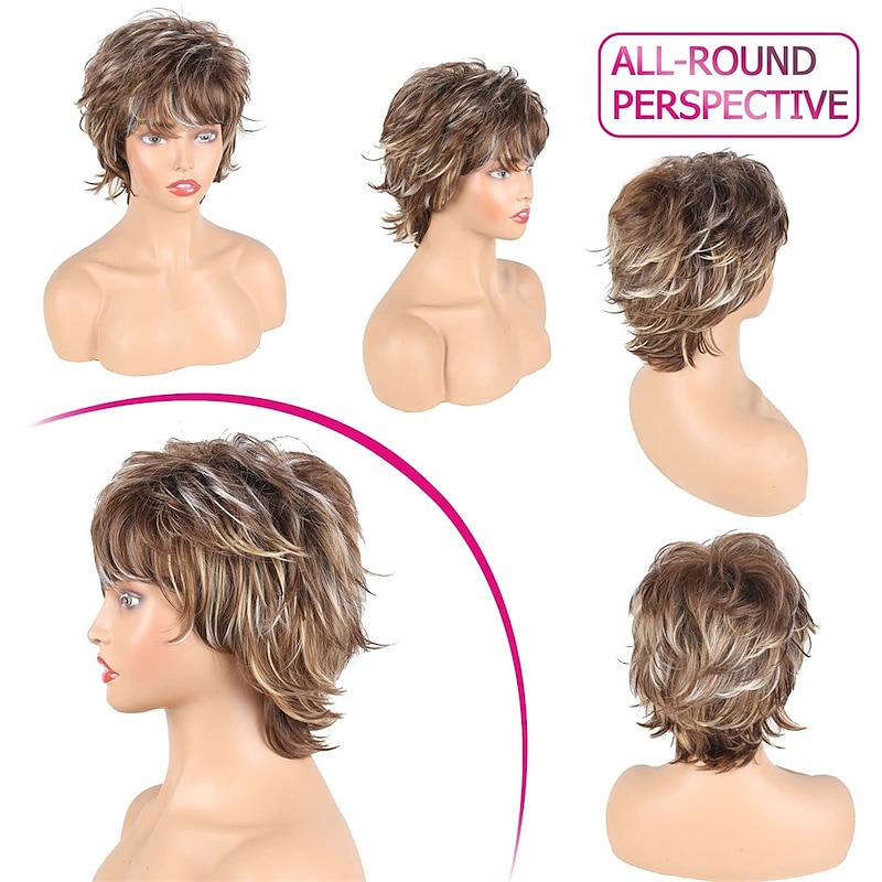 Short Brown Wigs for Women Pixie Cut Wig with Bangs Layered Straight Curly Wigs for White Women Shaggy Full Synthetic Wig Wavy Curly Medium Length Mixed Brown Highlight Wig For Daily Party3