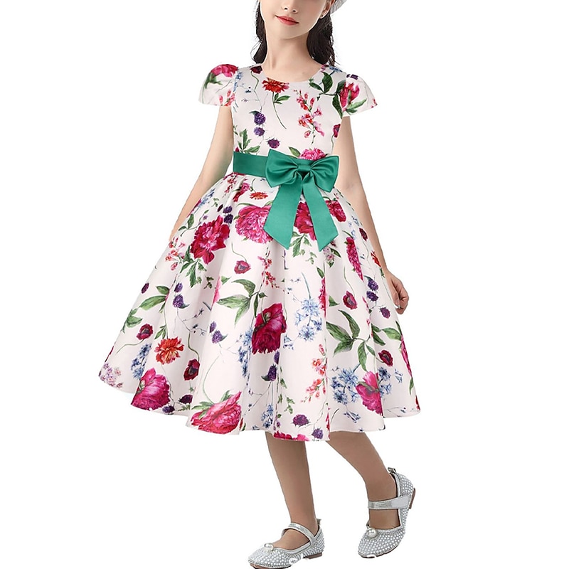 Kids Girls' Dress Flower Dress Flower Short Sleeve Anniversary Party Tie Knot Bow Adorable Princess Sweet Polyester Knee-length Skater Dress Pleat Dress Floral Dress Summer Spring 4-13 Years4