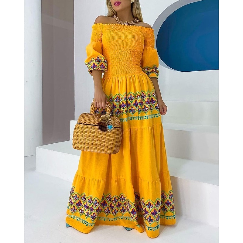 Women's Casual Dress Long Dress Maxi Dress Yellow Half Sleeve Floral Patchwork Fall Spring Autumn Off Shoulder Modern Weekend Slim 2023 S M L XL XXL