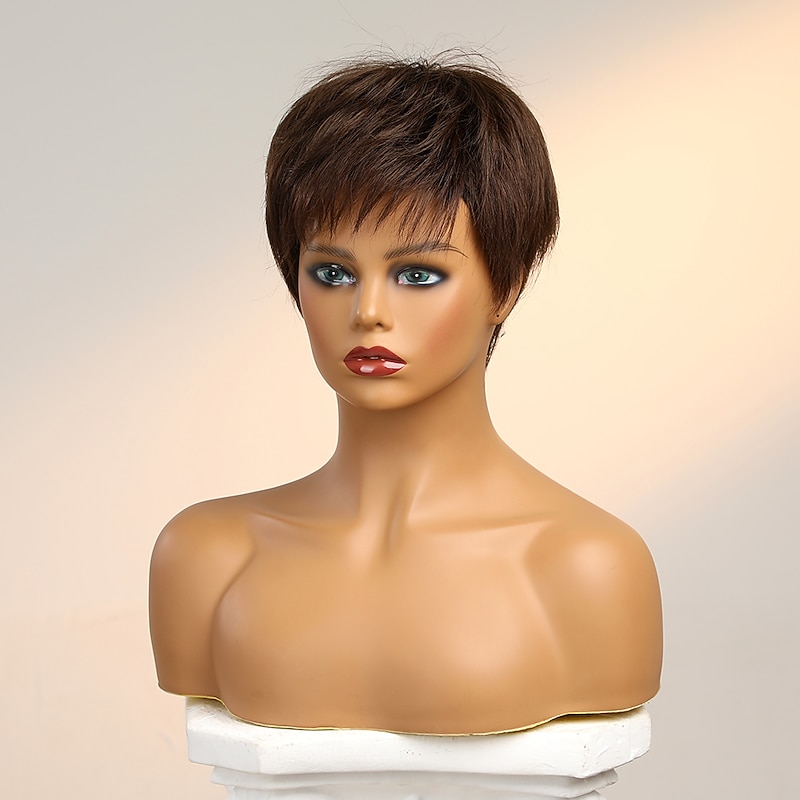 Human Hair Blend Wig Short Straight Natural Straight Pixie Cut Side Part Layered Haircut Asymmetrical Black White Green Cosplay Curler & straightener Natural Hairline Capless Burmese Hair Women's All4