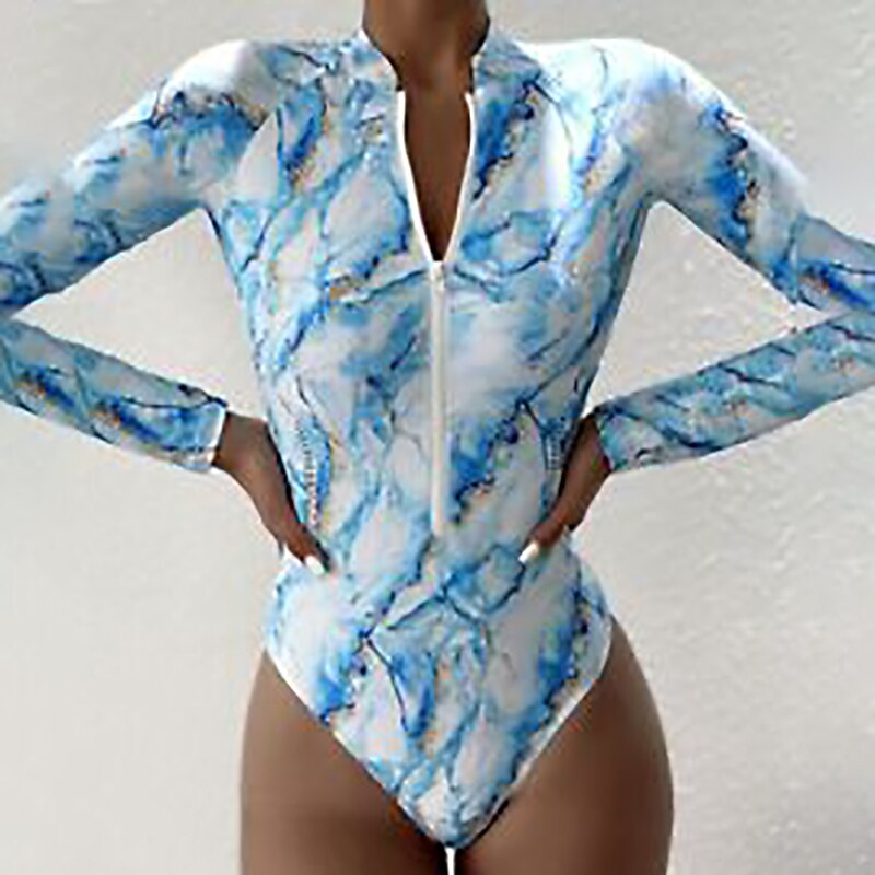 Women's Rash Guard One Piece Swimsuit UV Sun Protection UPF50+ Breathable Long Sleeve Swimwear Bathing Suit Front Zip Swimming Surfing Beach Water Sports Printed Spring Summer / Quick Dry / Quick Dry3