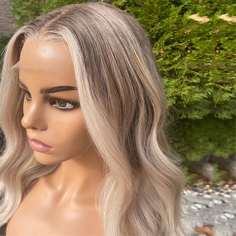 Highlights Ash Blonde Root 100% Premium Virgin Human Hair Wig 24” Wavy 13x4” Lace Front Wig HD Invisible Full Lace Wig for Women4