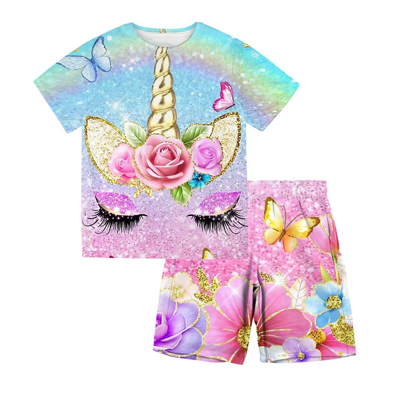 2 Pieces Kids Girls' T-shirt & Shorts Clothing Set Outfit Animal Unicorn Short Sleeve Crewneck Set Outdoor Active Fashion Cute Summer Spring 3-13 Years Pink