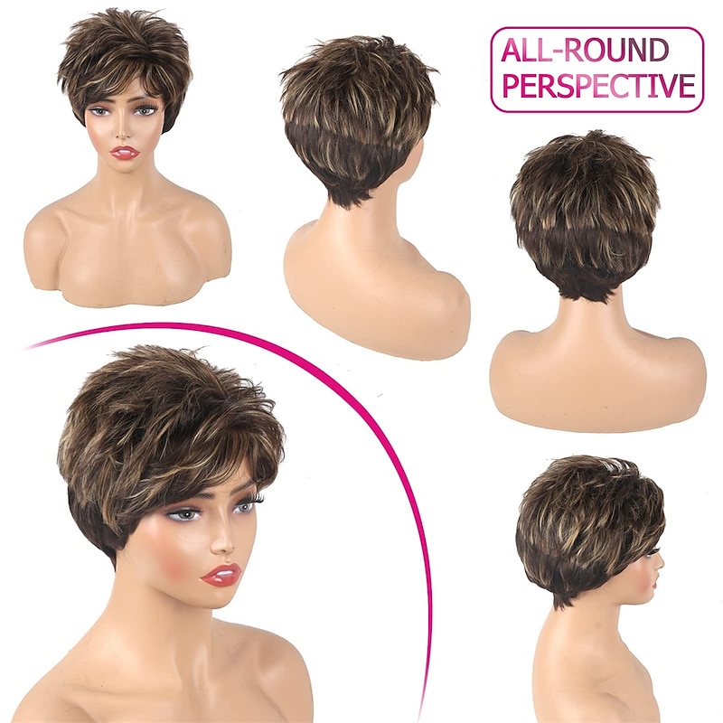 Short Brown Black Hair Wigs with Bangs Ombre Black Pixie Cut Wigs for Old Lady Women Mixed Dark Brown Highlights Layered Shaggy Synthetic Wigs Natural Straight Cute Daily Wear Wig2