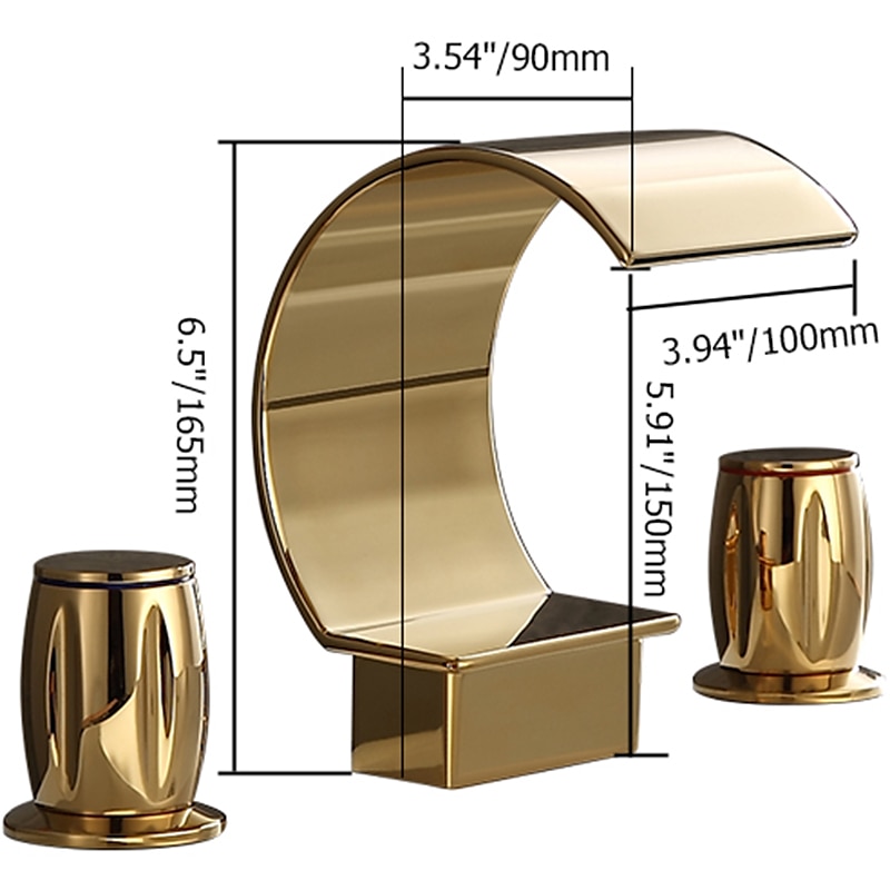 Bathroom Sink Faucet,Elegant Double Handle Arc Waterfall Spout Bathtub Filler Faucet with Three Holes Widespread Bathroom Faucet Gold/Matte Black2