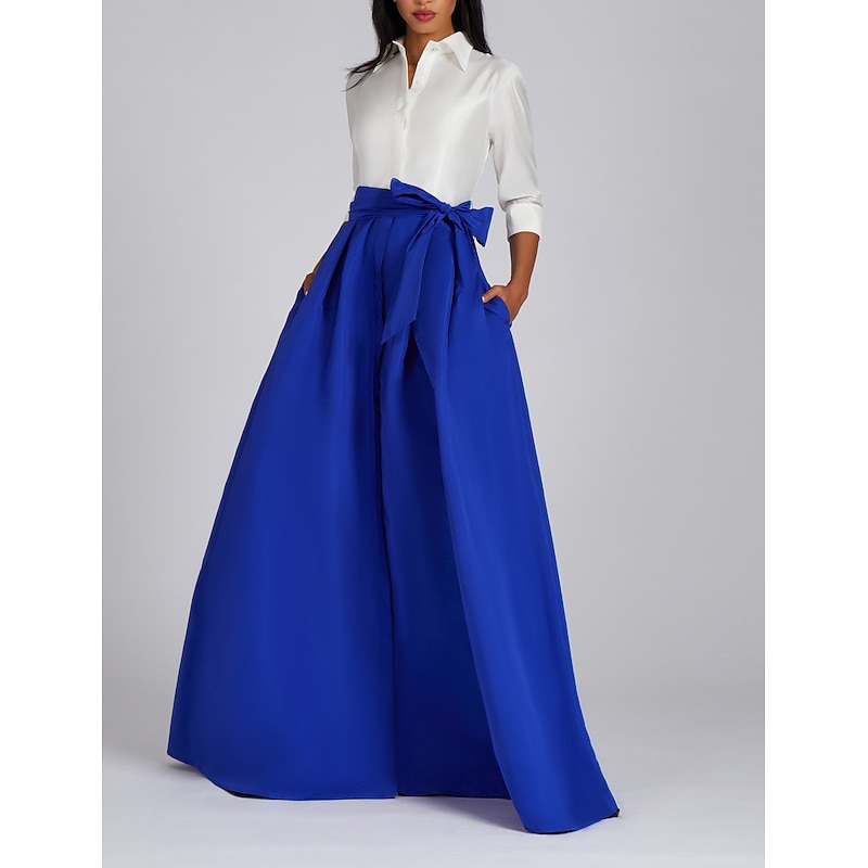 Beach Wedding A-Line Mother of the Bride Evening Gown Cute Dress Formal Evening Floor Length 3/4 Length Sleeve Shirt Collar Fall Wedding Guest Taffeta with Bow(s) Splicing2