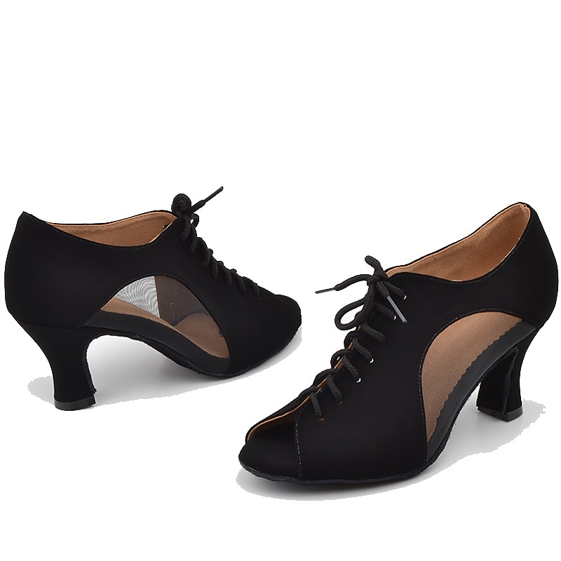 Women's Black Lace-Up Dance Shoes with Mesh Panels and Peep-Toe Design - Comfortable Heeled Ballroom and Salsa Shoes3