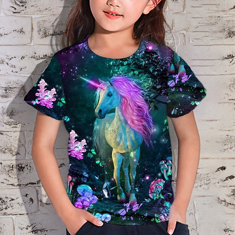 Girls' 3D Animal Unicorn T shirt Short Sleeve 3D Print Summer Spring Active Fashion Cute Kids 3-12 Years Outdoor Daily Indoor Regular Fit4
