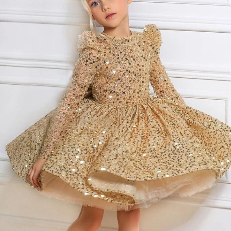 Kids Little Girls' Dress Sequin A Line Dress Party Performance Sequins Sparkle Yellow Asymmetrical Long Sleeve Princess Sweet Dresses Summer Regular Fit 3-12 Years2