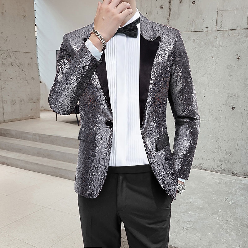 Men's Blazer Jacket Blazer Peaked Lapel Streetwear Party Sparkle Sequin Black Silver Blue Regular Fit2